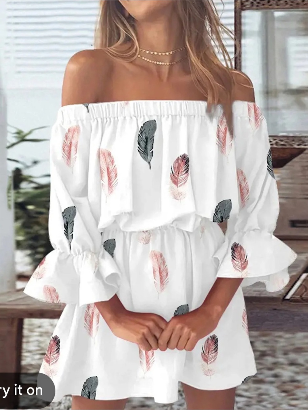 off-the-shoulder feather print mini dress new 2x